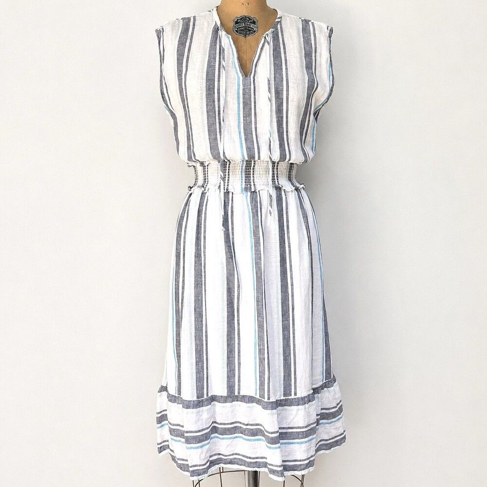 Rails Ashlyn Dress S Aegean Blue Stripe Linen Blend Smocked Midi Sleeveless